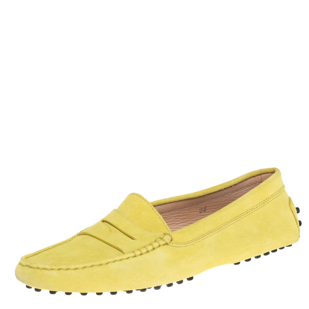 Tod's Neon Yellow Suede Penny Loafers Size 38