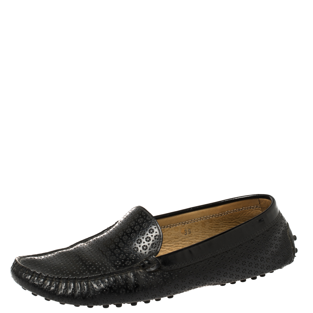 Tod's Black Perforated Patent Leather Loafers Size 39
