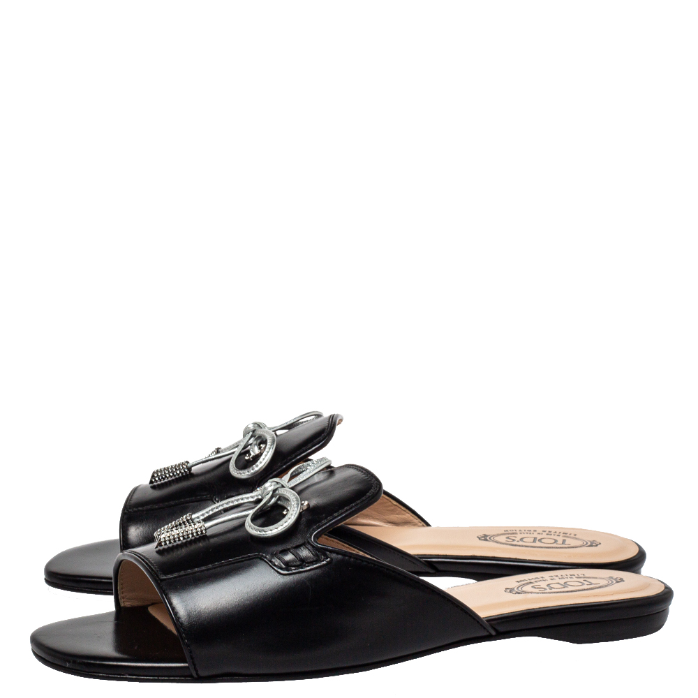 Tod's Black Leather Bow Slide Sandals Size 36.5