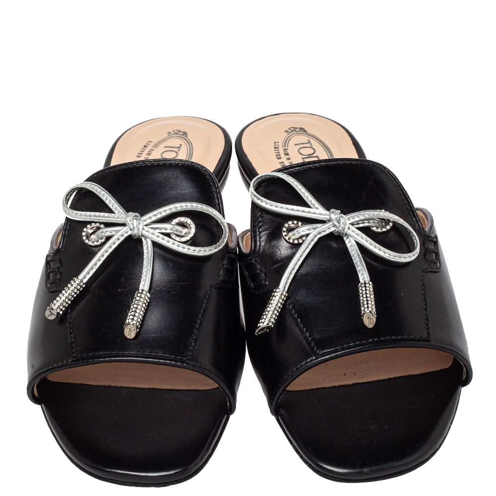 Tod's Black Leather Bow Slide Sandals Size 36.5