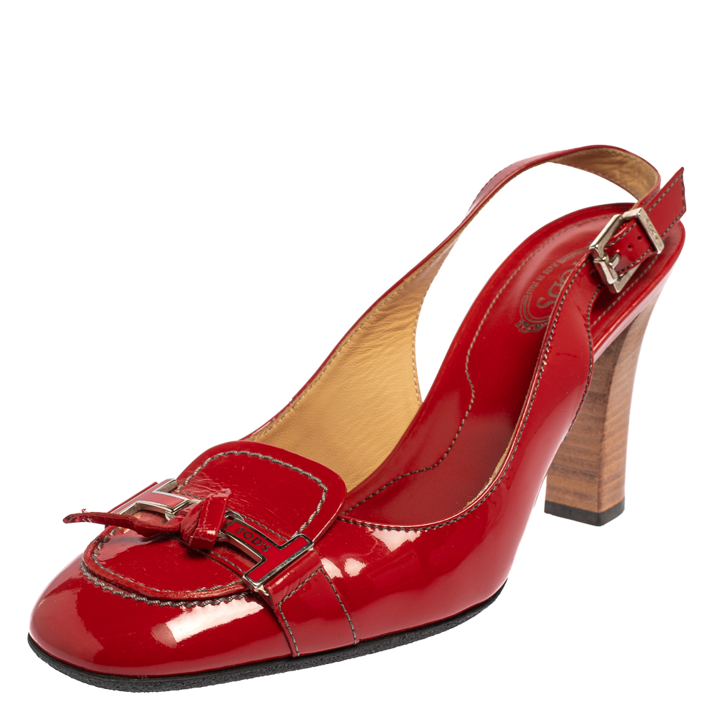 Tod's red patent leather penny loafer slingback sandals size 38.5