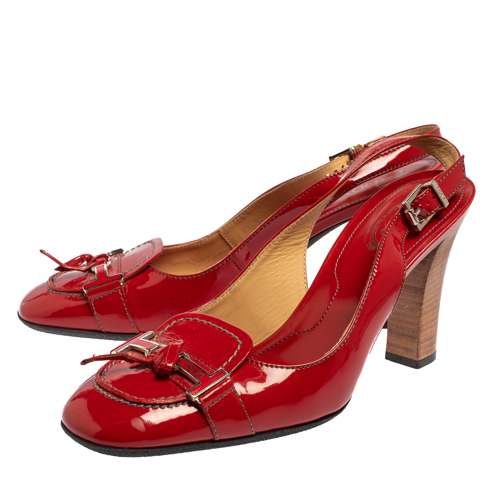 Tod's Red Patent Leather Penny Loafer Slingback Sandals Size 38.5