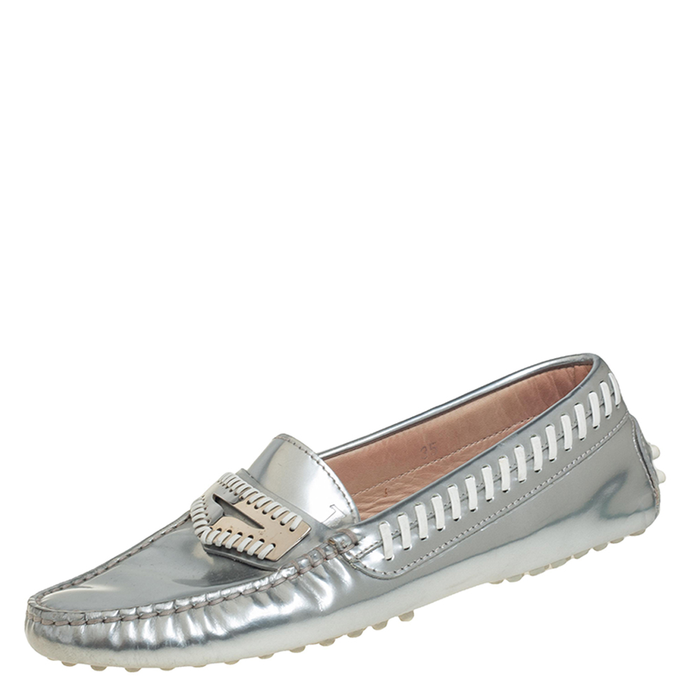 Tod's Metallic Silver Leather Whipstitch Detail Penny Slip On Loafers Size 35