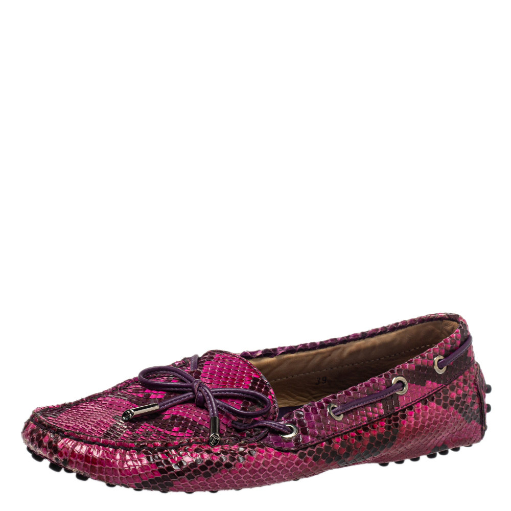 Tod's Pink Python And Leather Bow Loafer Size 39