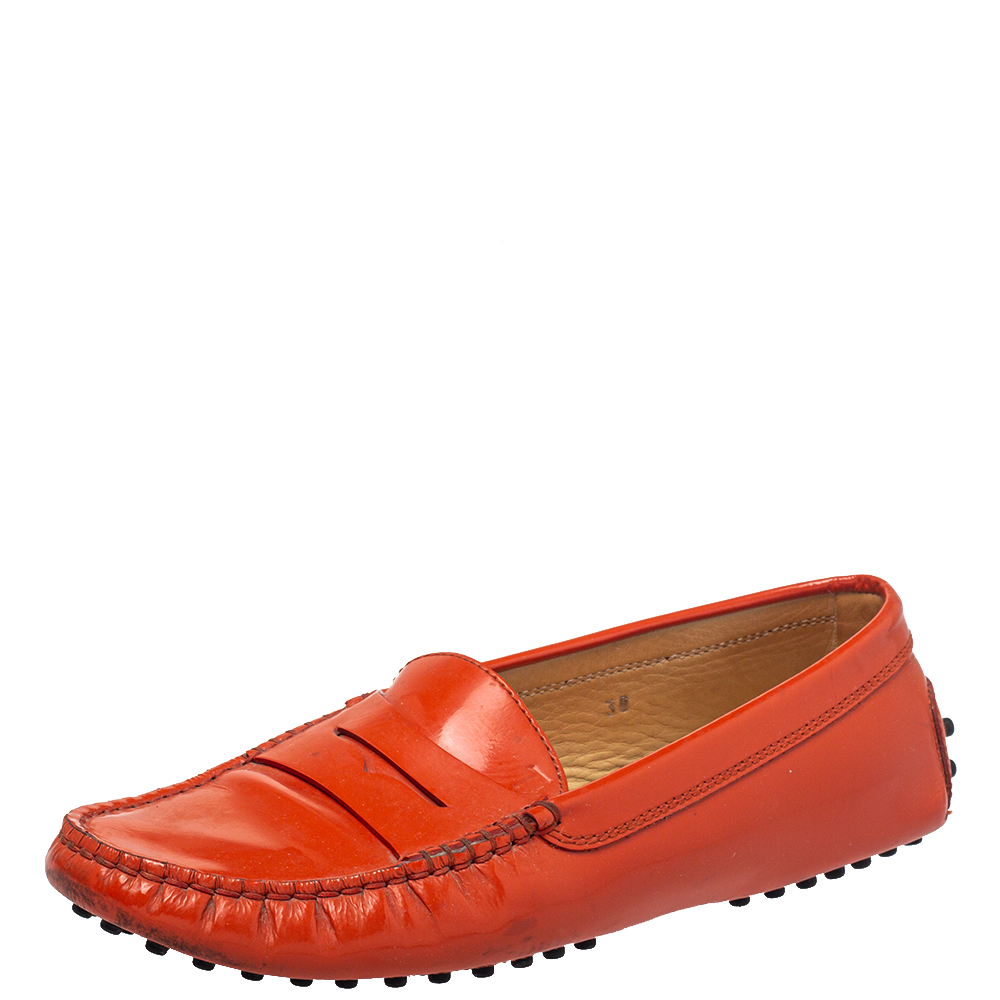 Tod's Orange Patent Leather Gommino Penny Loafers Size 38