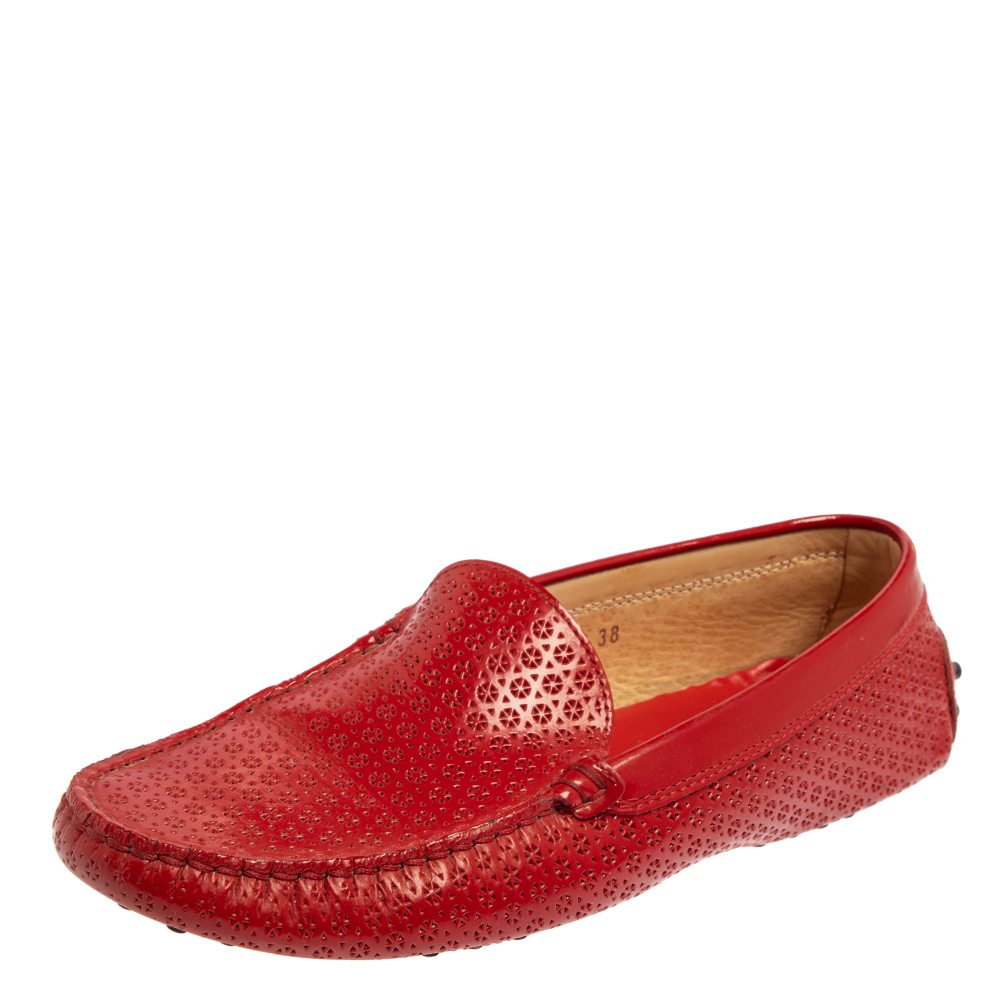 Tod's Red Lasercut Patent Leather Gommino Driving Loafers Size 38