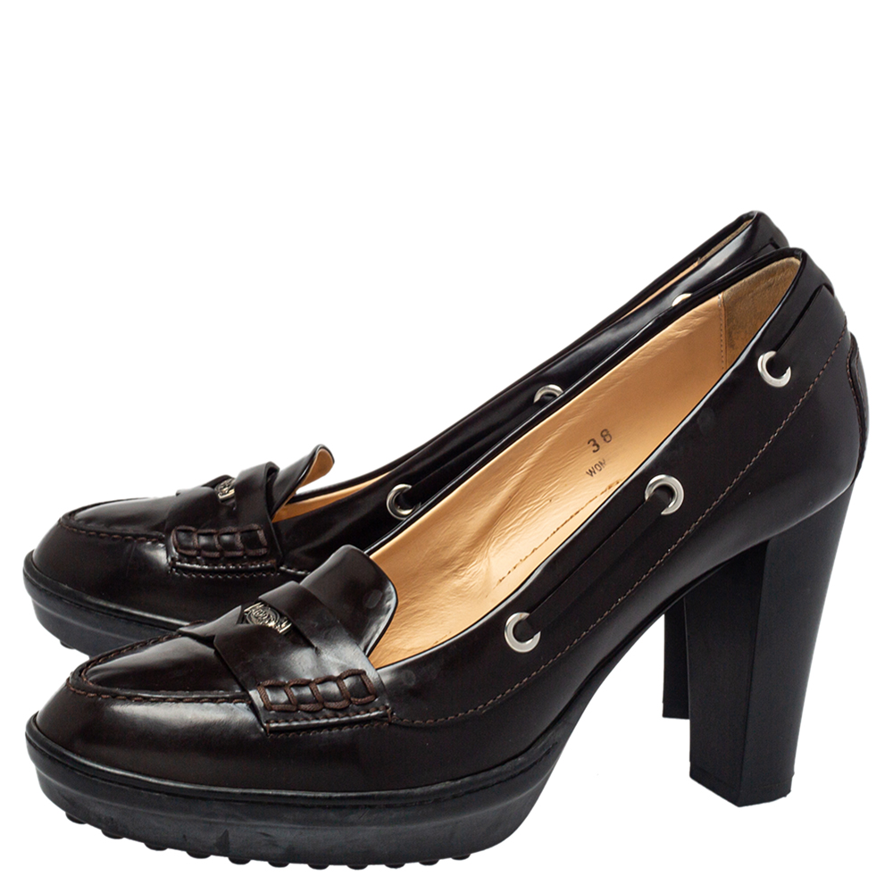 Tod's Brown Leather Penny Loafer Pumps Size 38