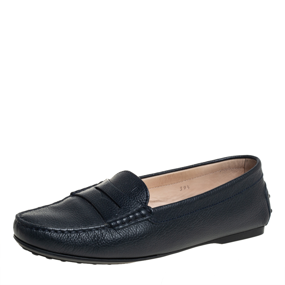 Tod's Dark Blue Leather Penny Slip On Loafers Size 39.5
