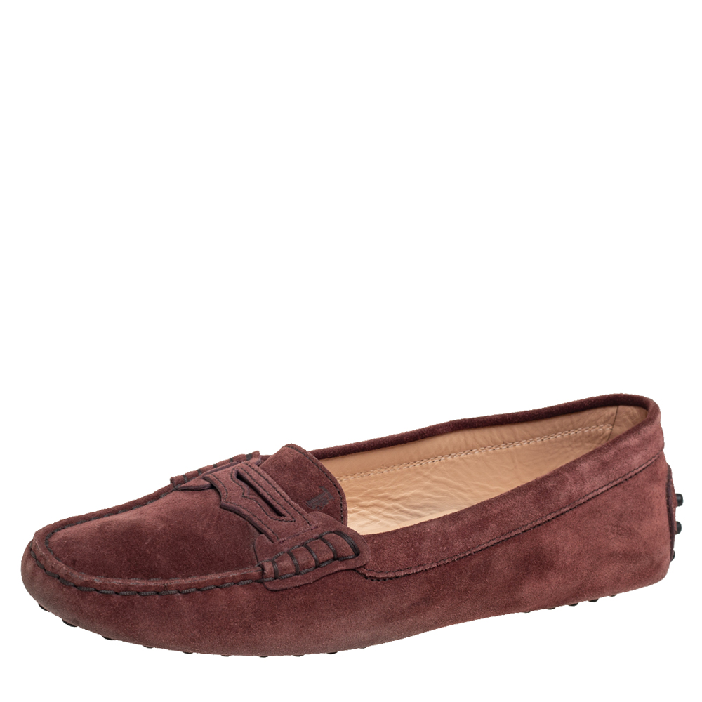 Tod's Burgundy Suede Penny Slip On Loafers Size 39