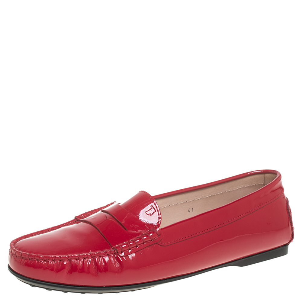 Tod's Red Patent Leather Slip On Loafers Size 41