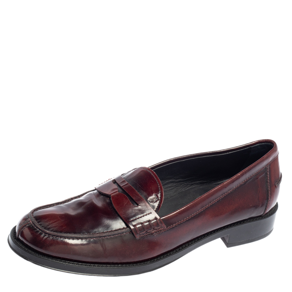 Tod's Burgundy Patent Leather Penny Loafers Size 37