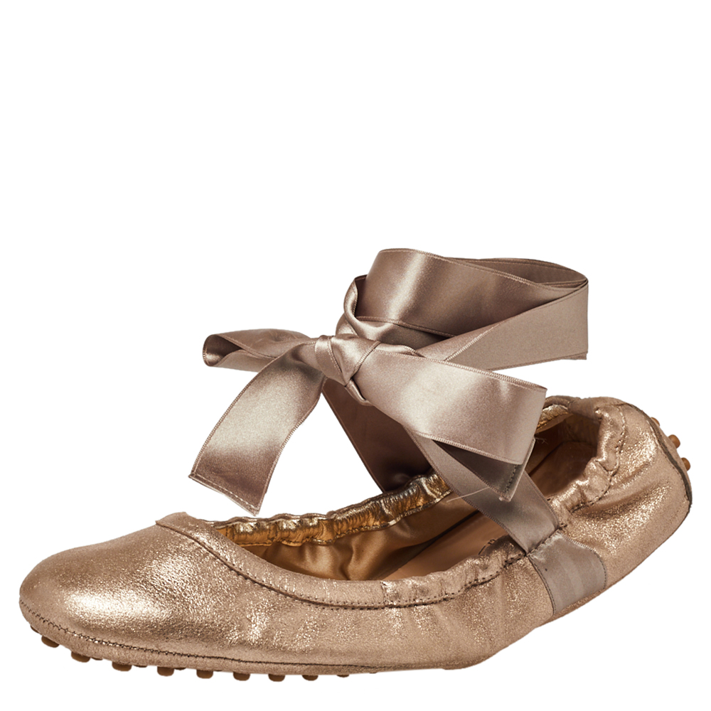 Tod's Metallic Bronze Nubuck Leather Scrunch Ribbon Ballet Flats Size 39.5