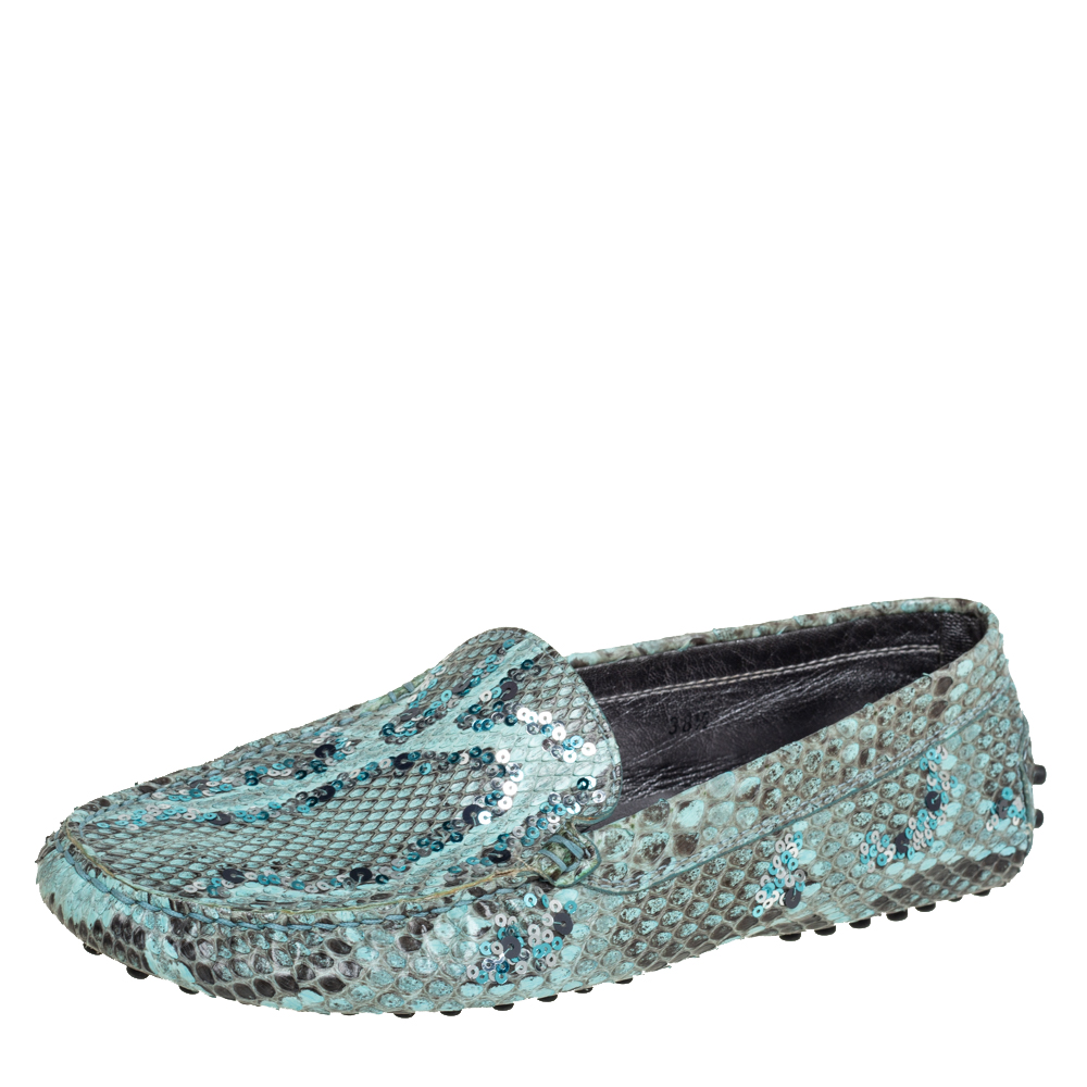 Tod's Blue/Brown Python Sequins Embellished Slip On Loafers Size 38.5