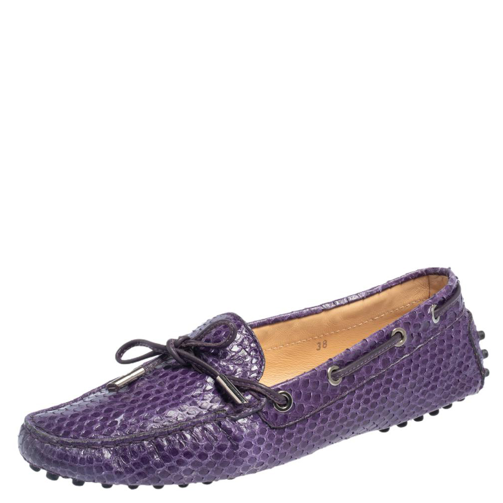 Tod's Purple Python Leather Bow Slip On Loafers Size 38