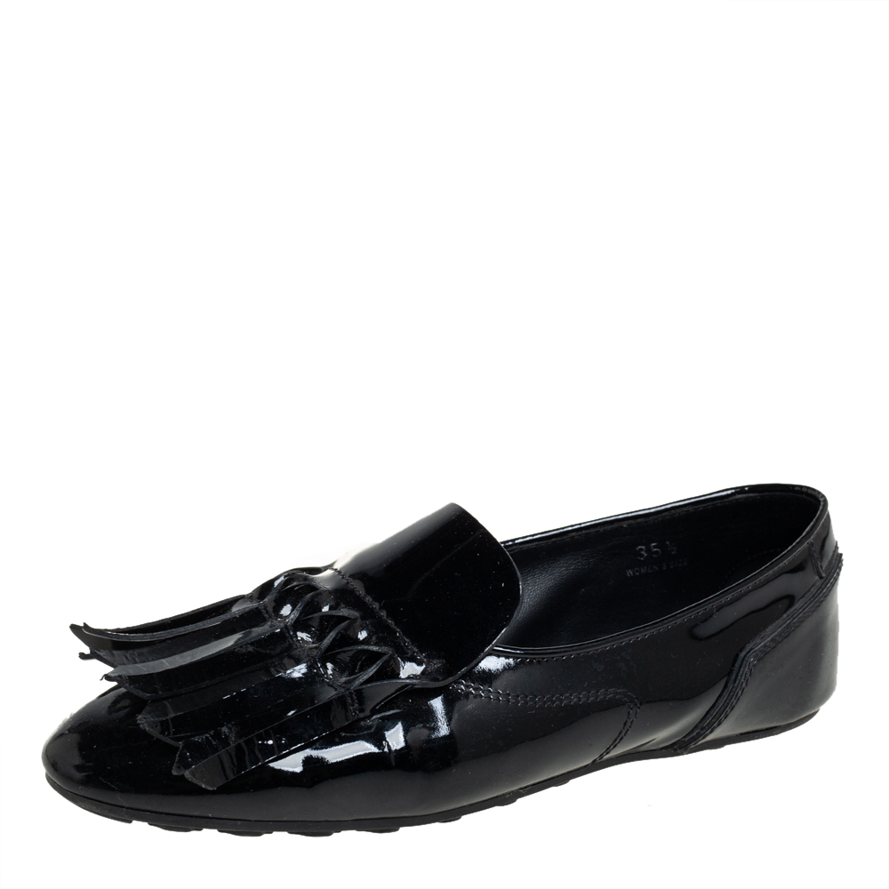 Tod's Black Patent Leather Fringe Loafers Size 35.5