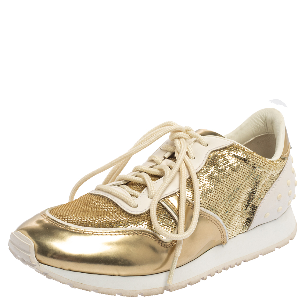 Tod's Gold /White Patent Leather And Sequin Low Top Sneakers Size 39