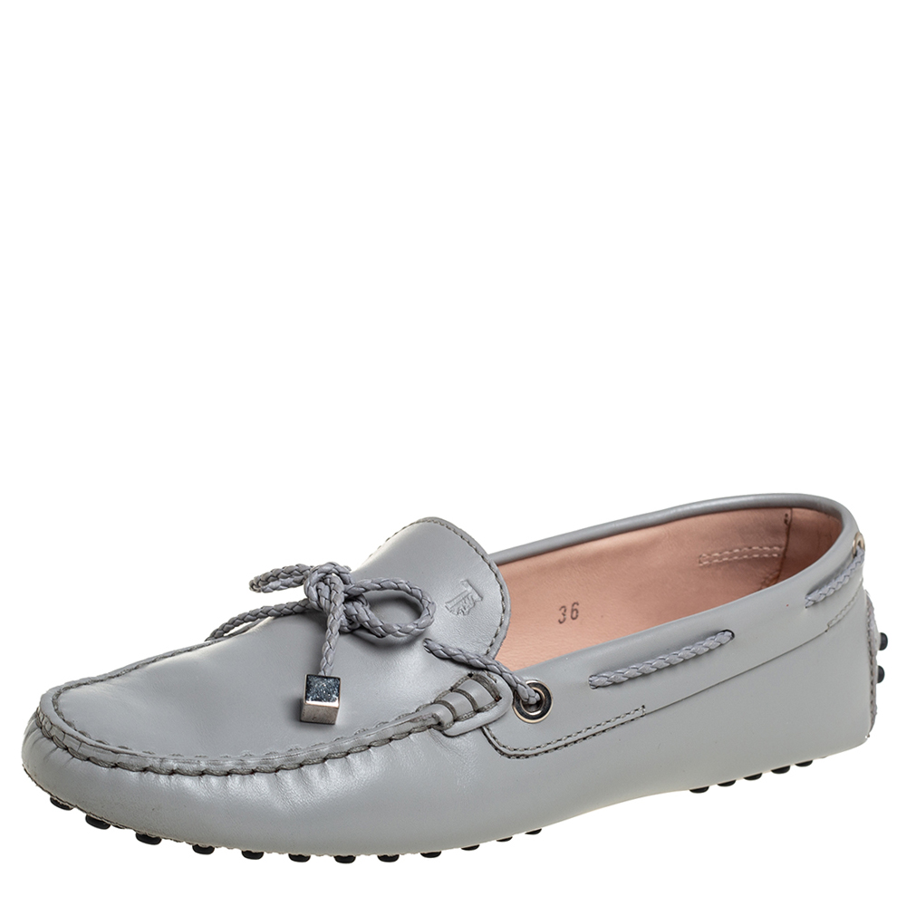 Tod's Grey Leather Braided Bow Slip On Loafers Size 36