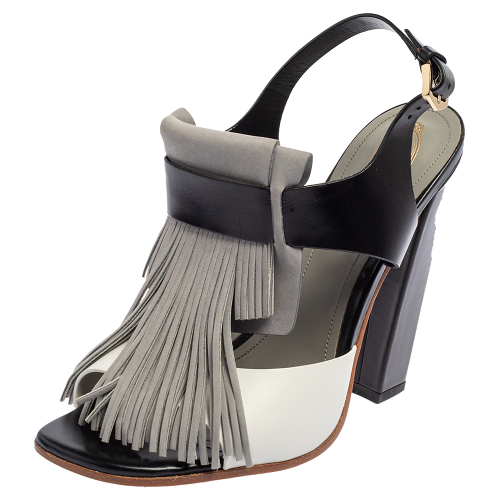 Tod's Tricolor Nubuck Leather And Leather Fringe Detail Slingback Sandals Size 38