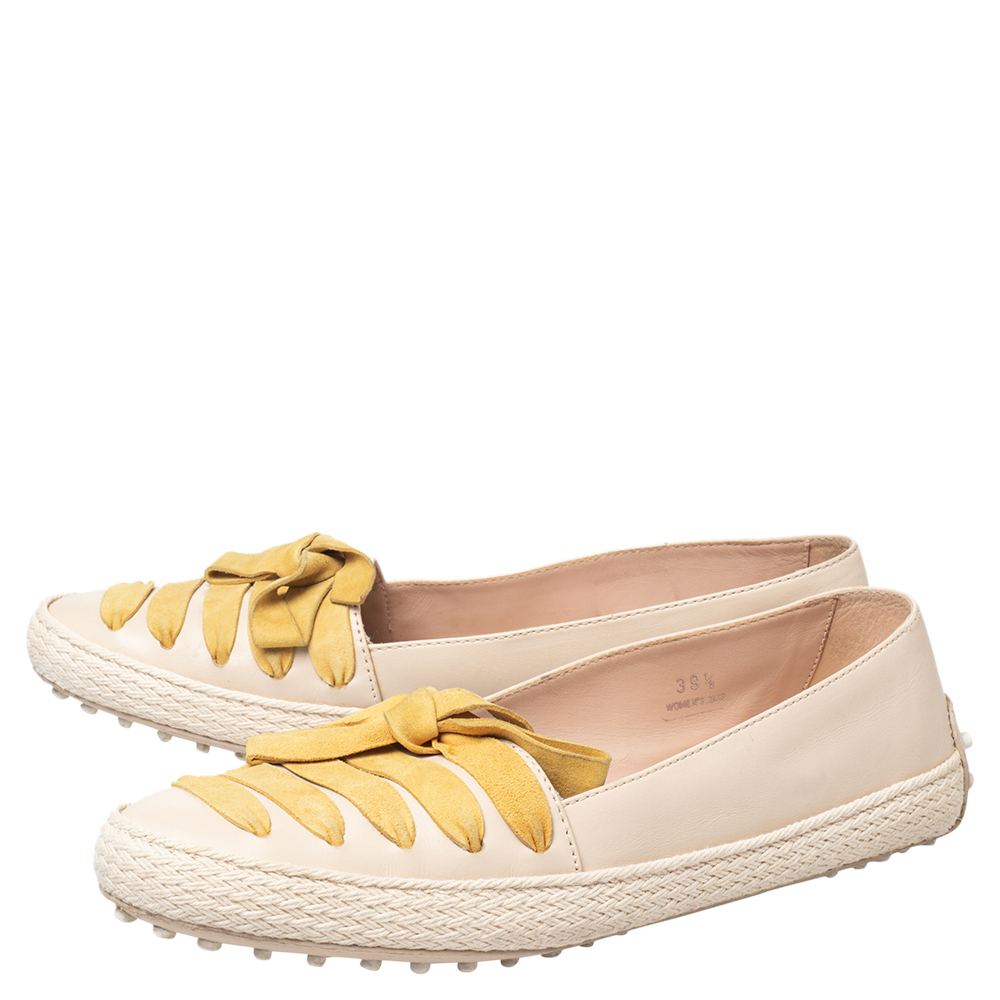 Tod's Beige/Yellow Leather And Suede Bow Espadrille Flats Size 39.5