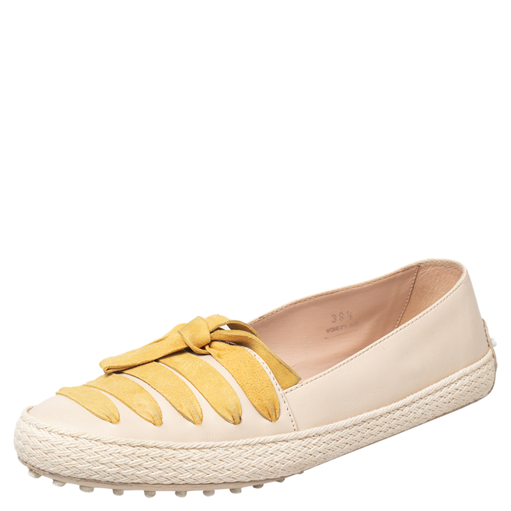 Tod's Beige/Yellow Leather And Suede Bow Espadrille Flats Size 39.5