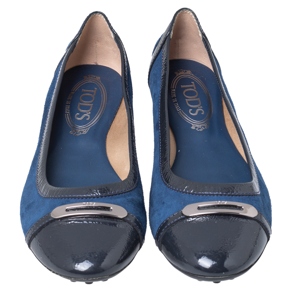 Tod's Blue Suede And Patent Leather Embellished Cap Toe Ballet Flats Size 38