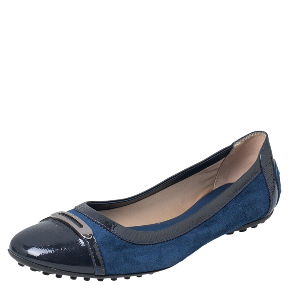 Tod's Blue Suede And Patent Leather Embellished Cap Toe Ballet Flats Size 38