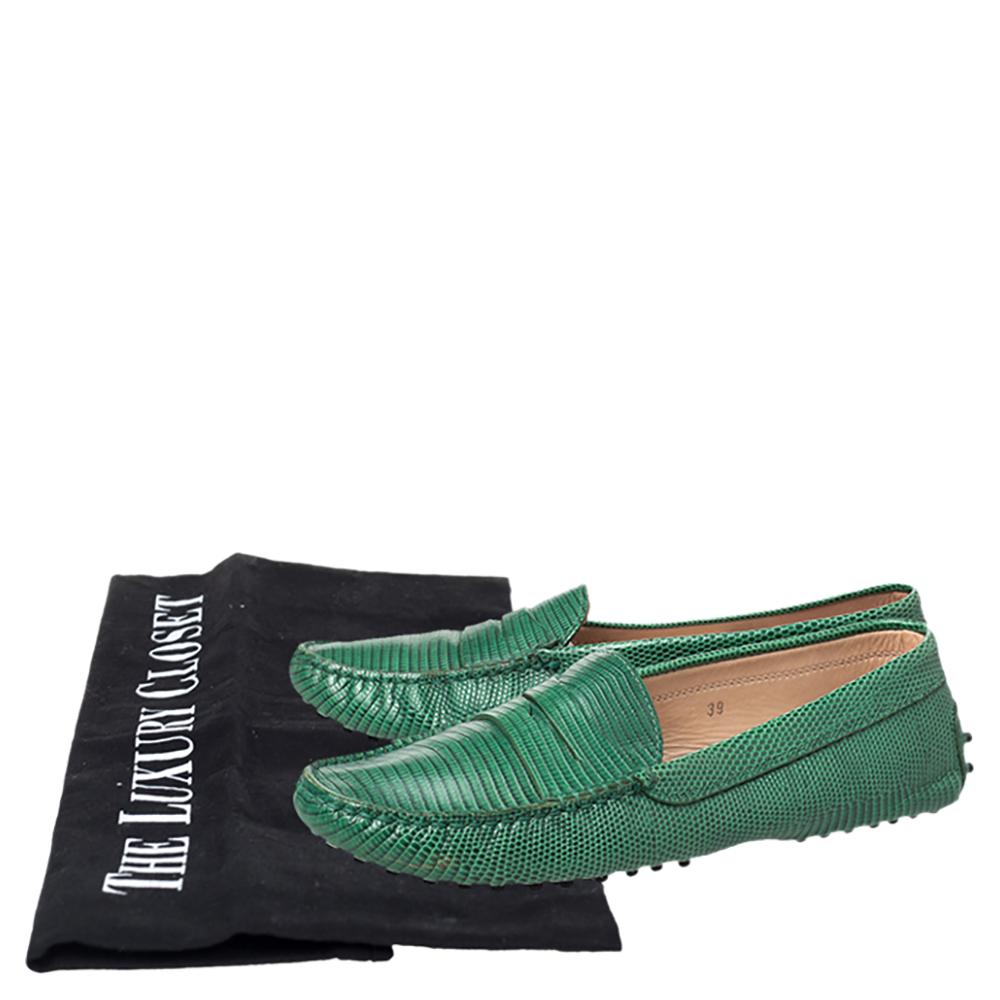 Tod's Green Lizard Embossed Leather Penny Slip On Loafers Size 39