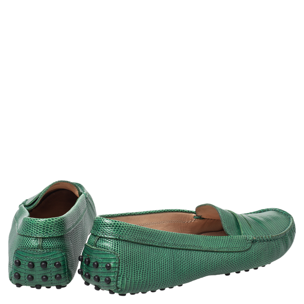 Tod's Green Lizard Embossed Leather Penny Slip On Loafers Size 39