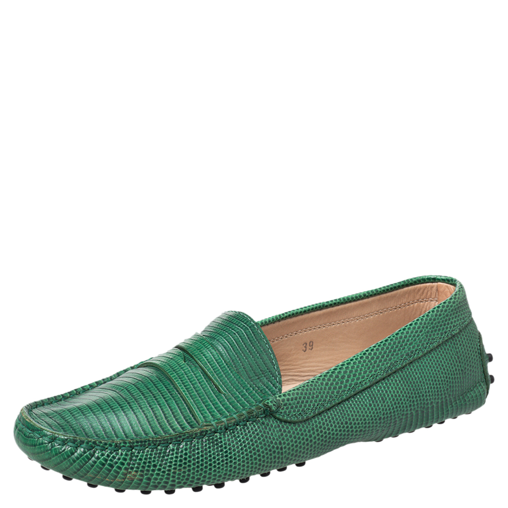 Tod's green lizard embossed leather penny slip on loafers size 39