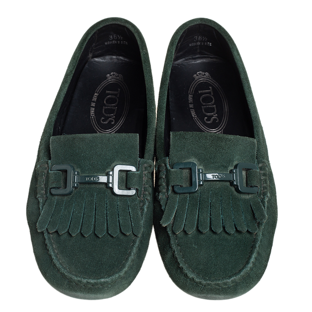 Tod's Green Suede Fringe Slip On Loafers Size 36.5