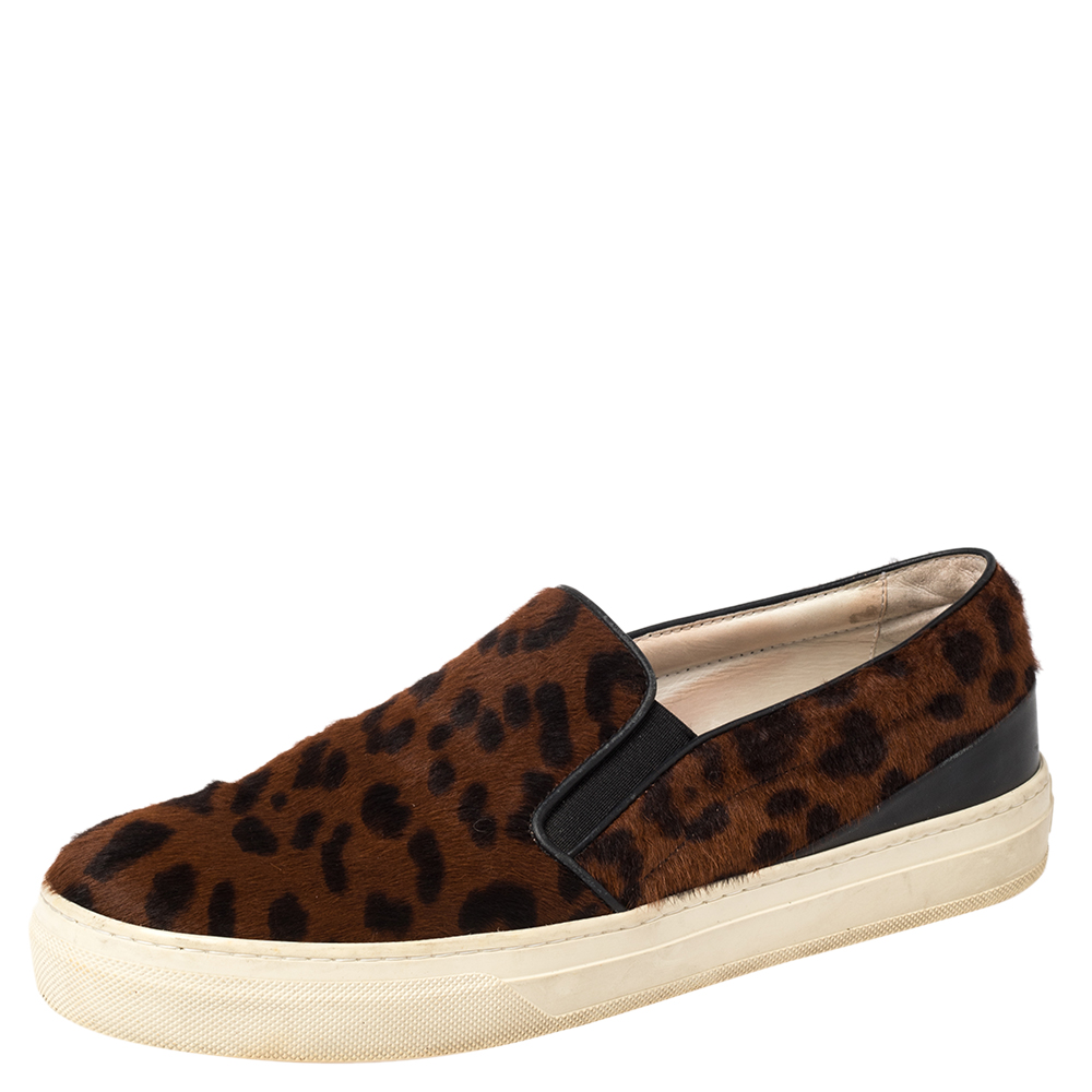 Tod's Brown Leopard Print Calf Hair Slip On Sneakers Size 38.5