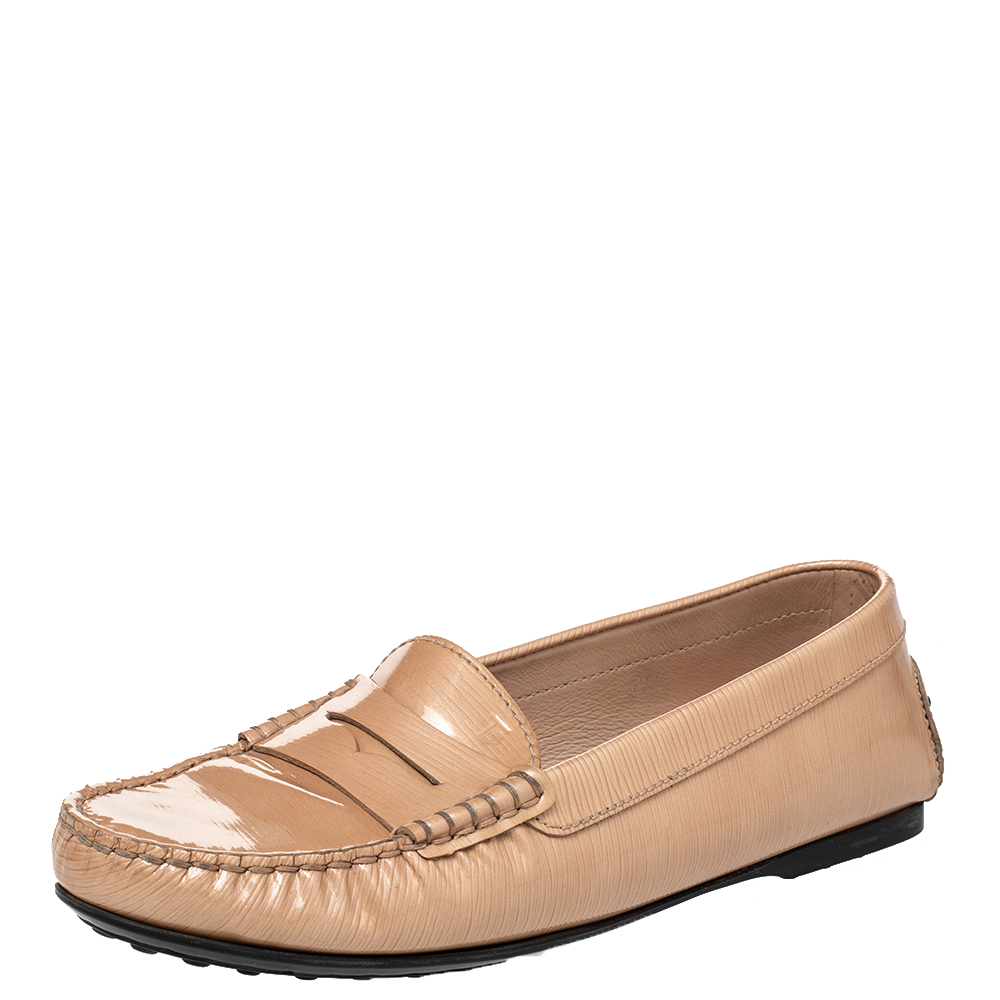 Tod's Beige Textured Patent Leather Penny Slip On Loafers Size 37.5