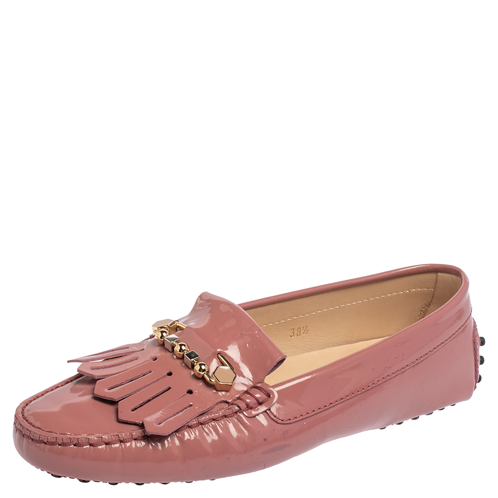 Tod's Pink Patent Leather Fringe Safety Pin Loafers Size 38.5