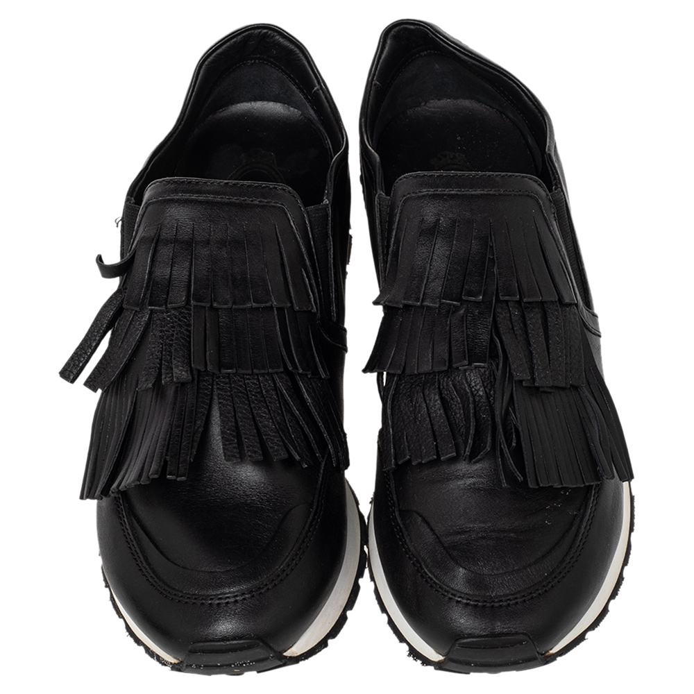 Tod's Black Leather Fringed Slip On Sneakers Size 37