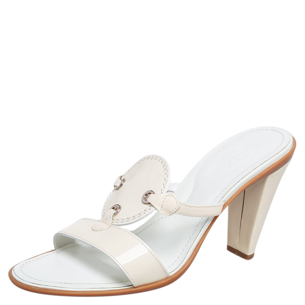 Tod's Cream Patent Leather Open  Toe Slide Sandals Size 36.5