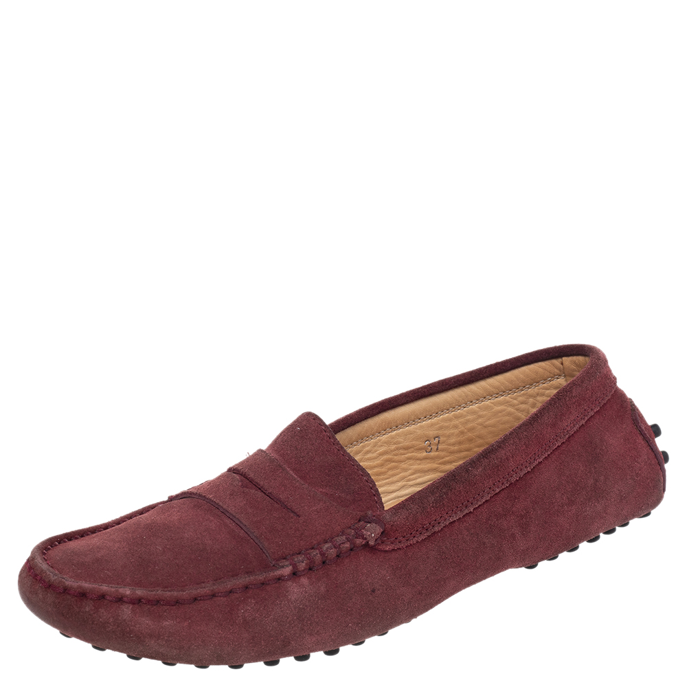 Tod's Burgundy Suede Gommino Slip On Loafers Size 37