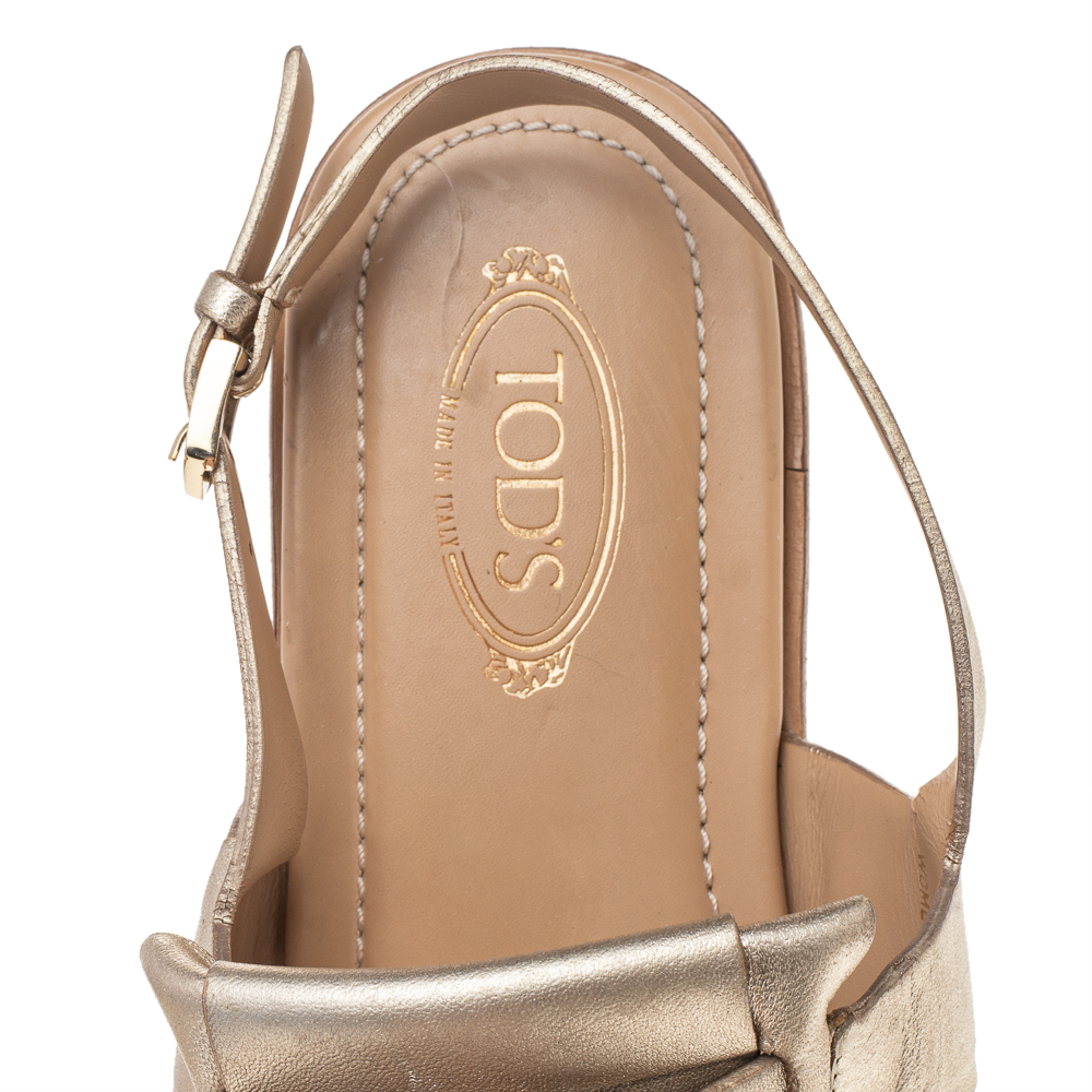 Tod's Metallic Gold Leather Fringe Slingback Flat Sandals Size 37