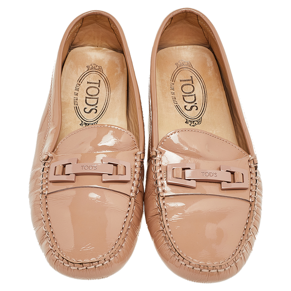 Tod's Beige Patent Leather Logo Bit Slip On Loafers Size 37.5