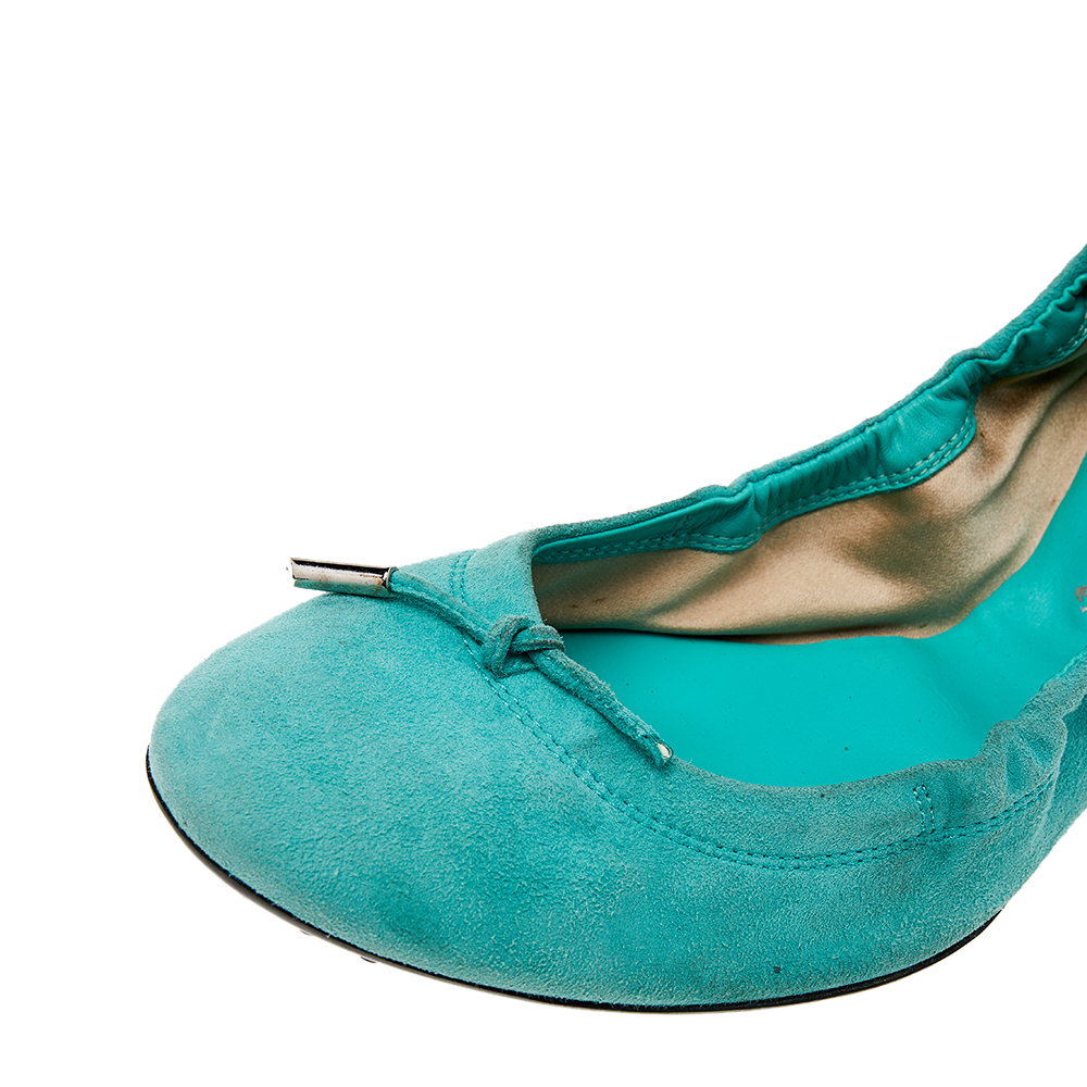 Tod's Mint Green Suede Bow Scrunch Ballet Flats Size 39