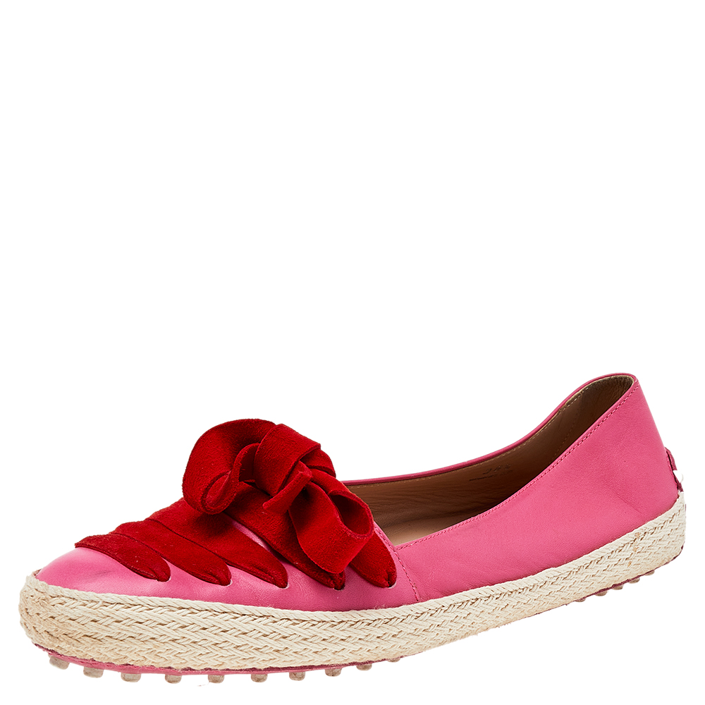 Tod's Pink/Red Suede And Leather Espadrille Flats Size 38.5
