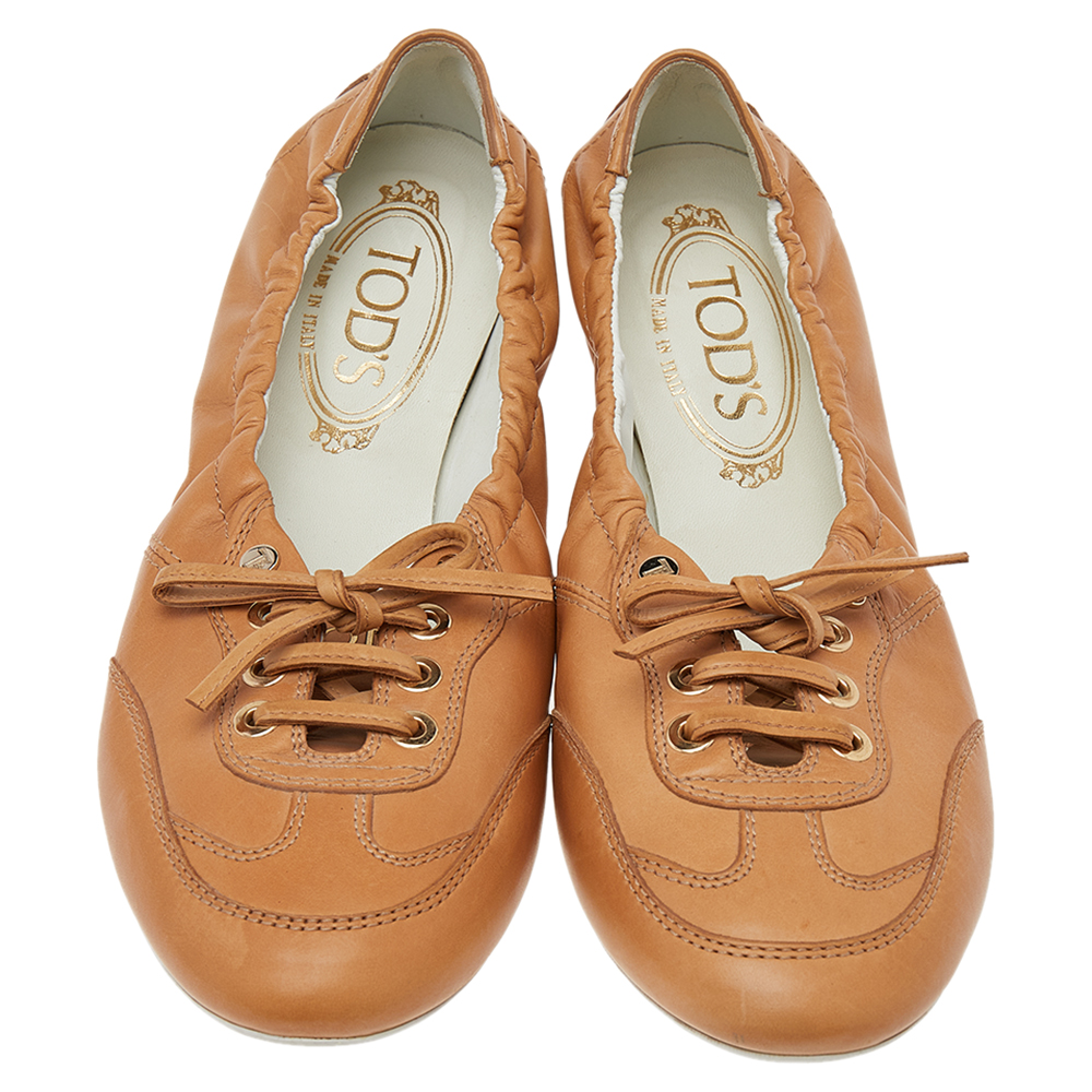 Tod's Brown Leather Scrunch Lace Up Flats Size 37.5