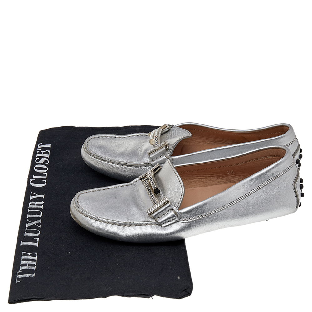 Tod's Silver Leather Slip On Loafers Size 36
