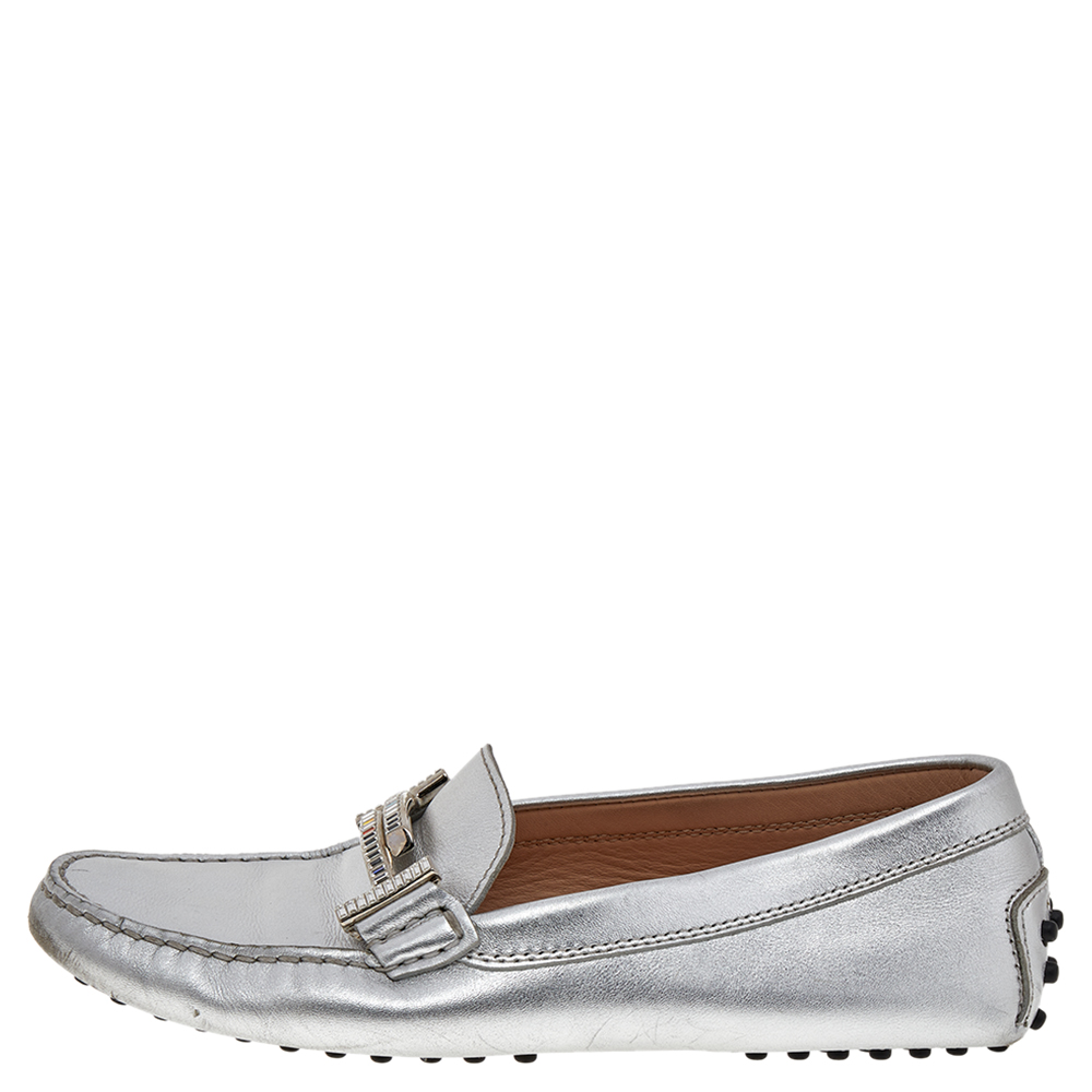 Tod's Silver Leather Slip On Loafers Size 36