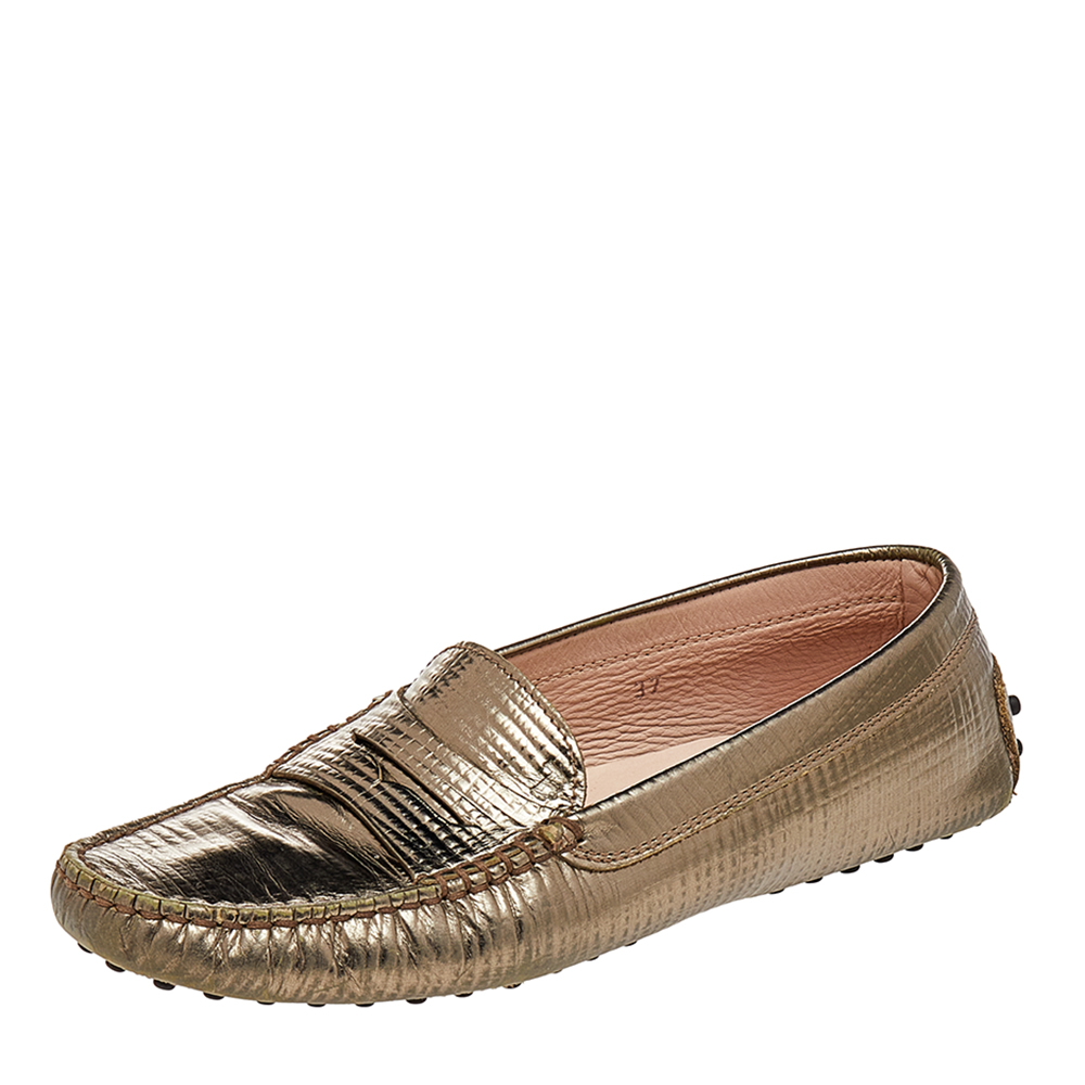 Tod's Metallic Bronze Lizard Embossed Leather Penny Loafers Size 37