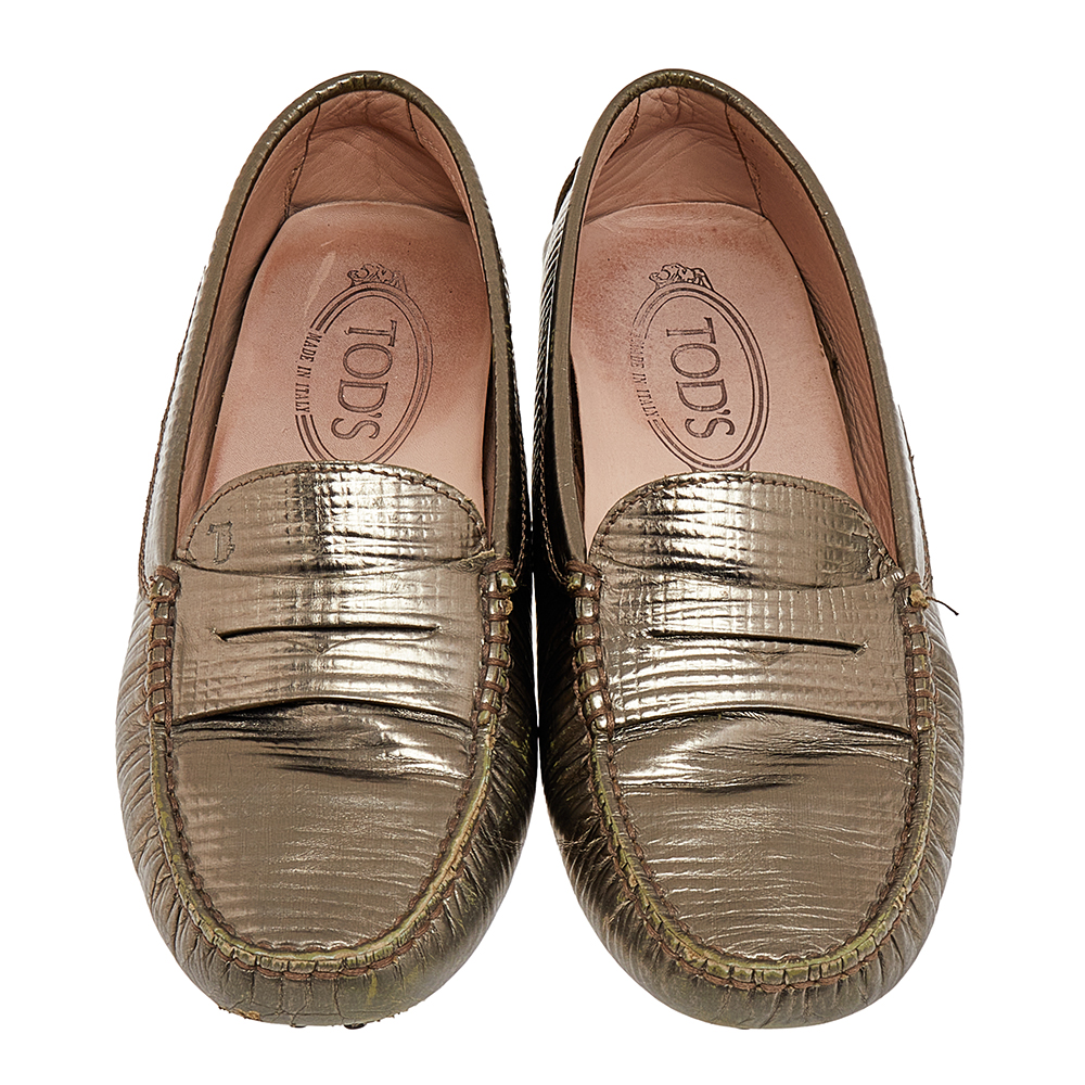 Tod's Metallic Bronze Lizard Embossed Leather Penny Loafers Size 37