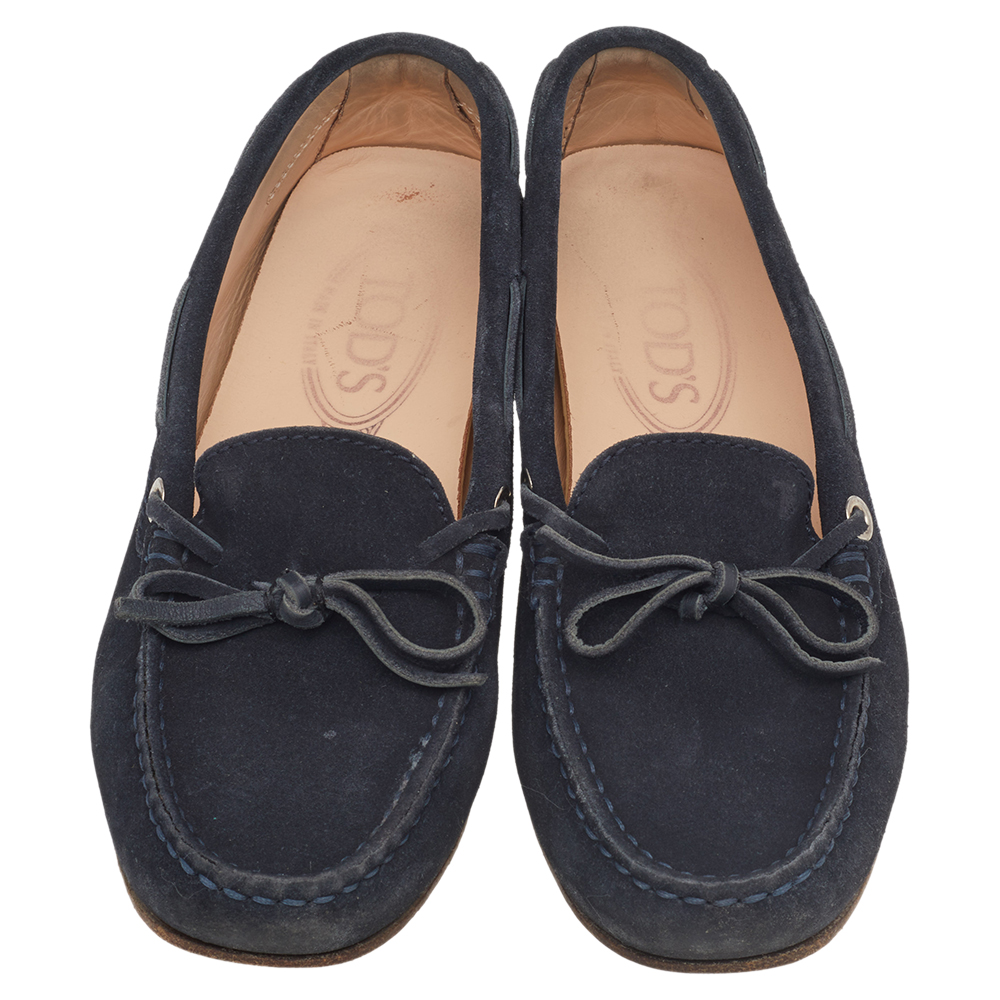 Tod's Navy Blue Leather Bow Slip On Loafers Size 36.5