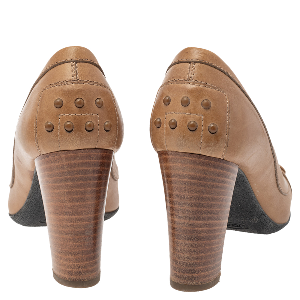 Tod's Beige Leather Block Heel Loafer Pumps Size 37