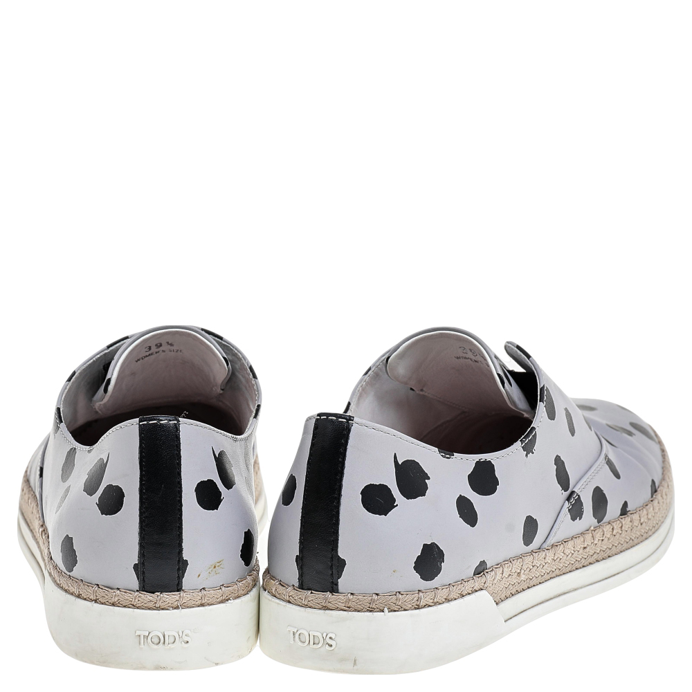 Tod's Grey/Black Dot Printed Leather Francesina Espadrille Slip On Sneakers Size 39.5