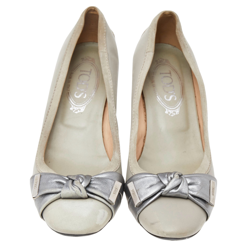 Tod's Grey Leather Bow Pumps Size 37.5