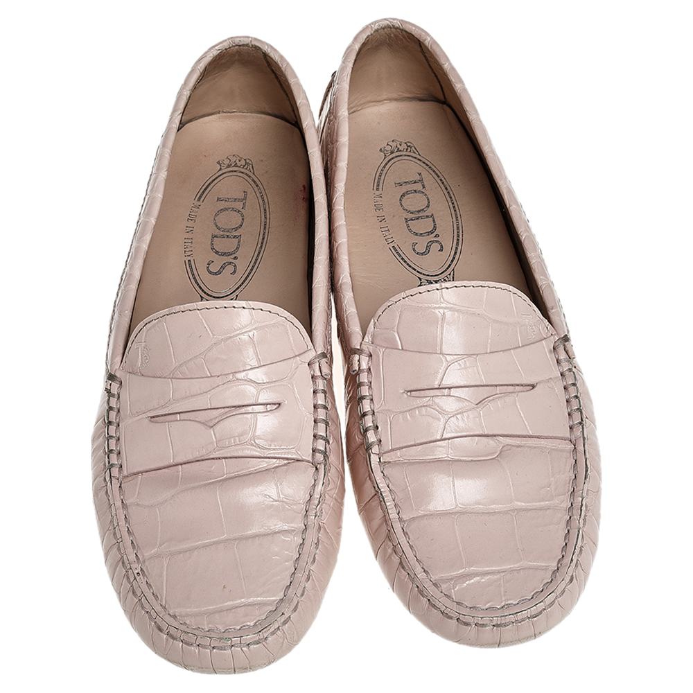 Tod's Pink Croc Embossed Leather Slip On Loafers Size 36